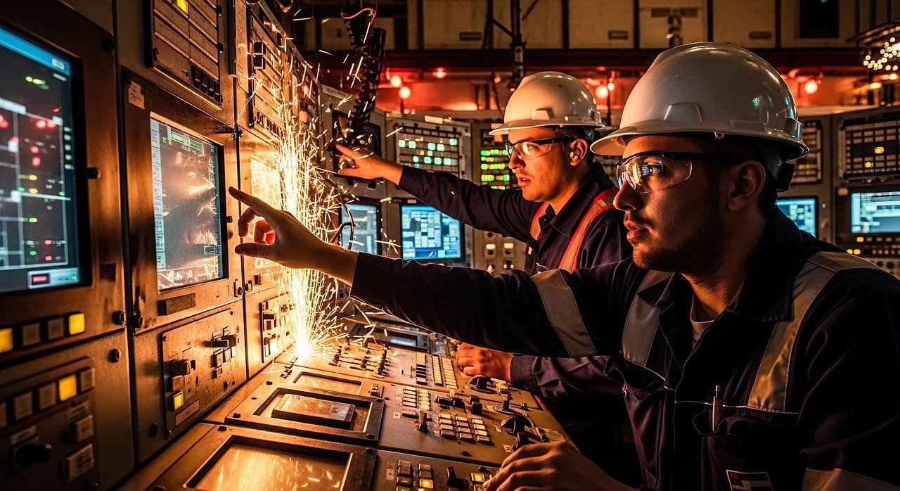 Engineers monitoring connected control room systems representing reliable AI automation oversight