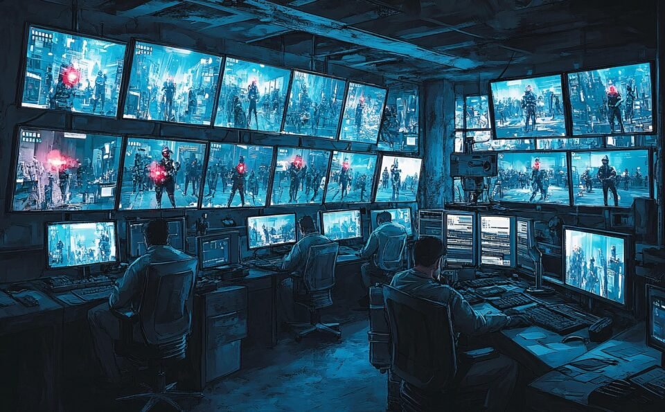 Dark control room screens representing automation orchestration and connected workflow systems