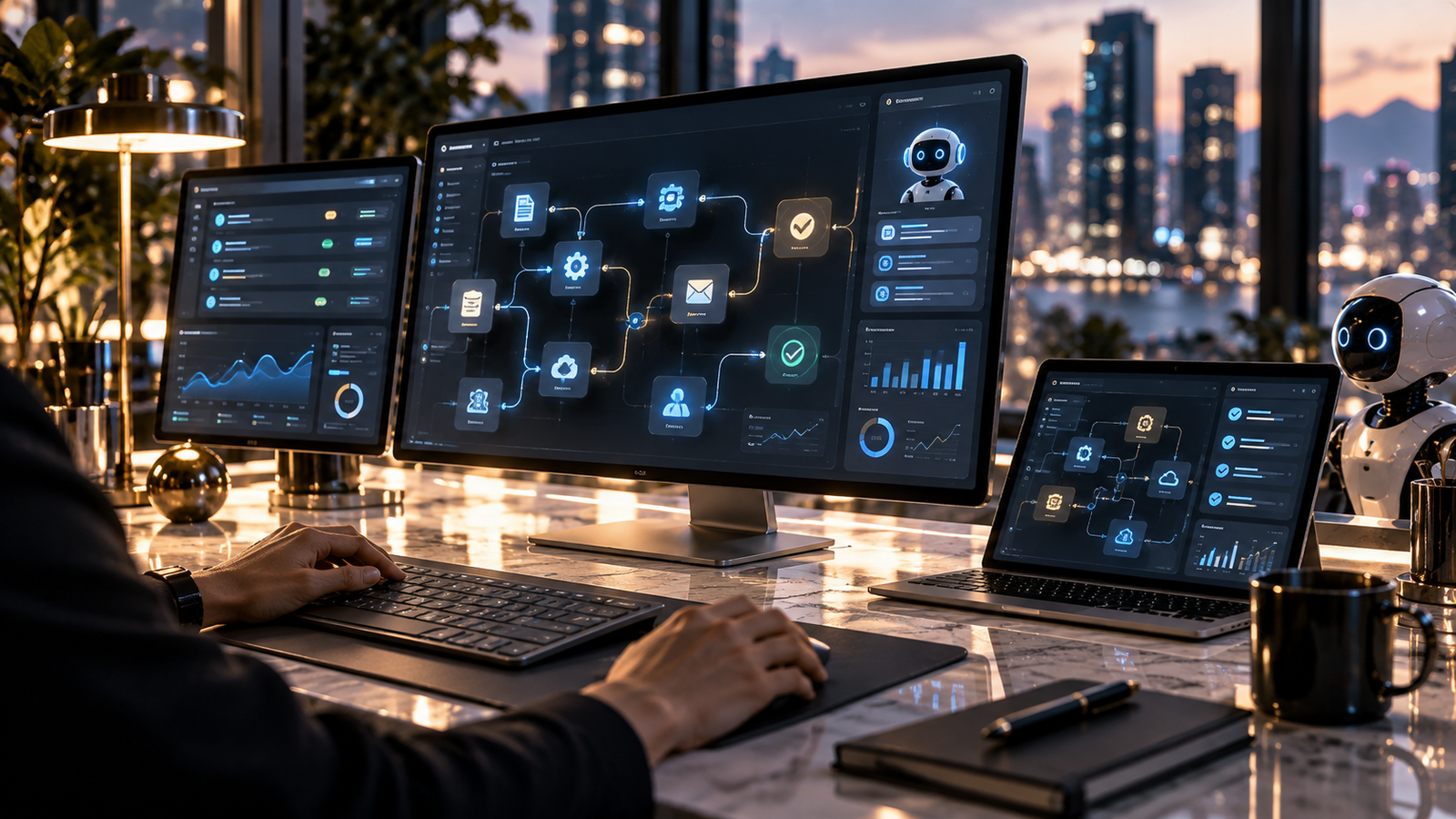 Human working with an AI assistant at a premium workstation to map and review a business workflow